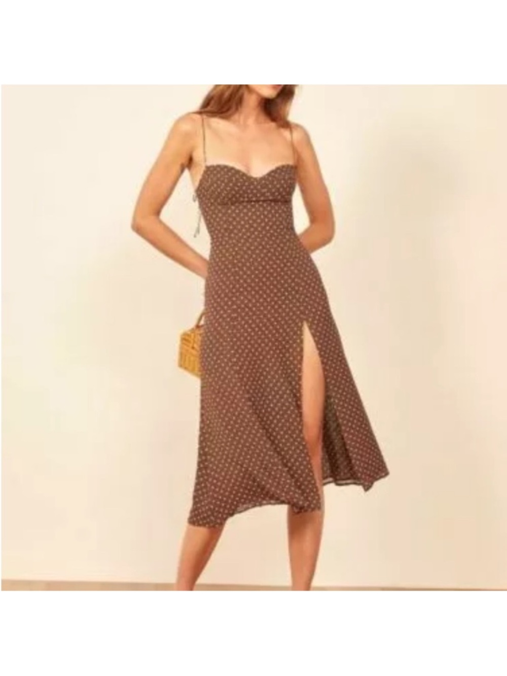 Reformation Brown and White Polka Dot Midi Slip Dress with High Side Slit